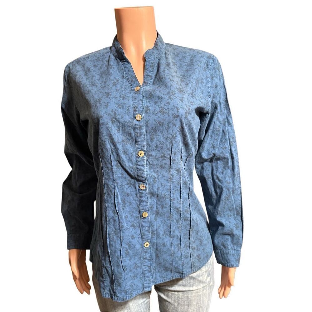 Pulp long-sleeve blue floral button-up pleated mandarin collar shirt M
